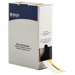 Polyester caution precut label roll with yellow header, measuring 2 in x 4 1/8 in and 4 1/8 in x 2 in. Features an acrylic adhesive for secure bonding. Designed for use with BMP71 printer series. Suitable for industrial safety identification, marking equipment, pipes, or areas requiring caution warnings.