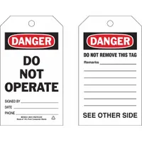 BRADY Danger Tag: Danger, Danger Do Not Operate, Polyester, Date/Phone/Remarks/Signed By, English (MPN 86516)