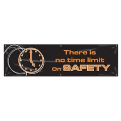 This indoor/outdoor safety banner is made of poly sheeting with one printed side. Nominal sign size is 28 in x 96 in. Suitable for use in industrial facilities, warehouses, factories, and construction sites to display safety messages.