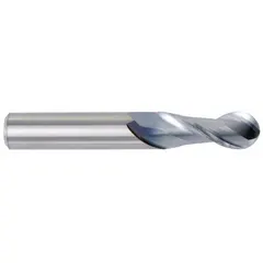 Solid carbide ball end mill designed for machining aluminum and non-ferrous materials. The 2-flute geometry facilitates chip evacuation, while the ball nose enables contouring, slotting, and profiling to create smooth curved surfaces and 3D shapes. Suitable for applications in mold making, aerospace, and automotive machining.