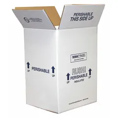 This insulated shipping kit consists of a white cardboard outer box with a 1.5 in thick Styrofoam insert. Each kit measures 8 in x 6 in x 12 in and is supplied as a 4-pack. Used for temperature-sensitive shipments requiring thermal protection during transit.