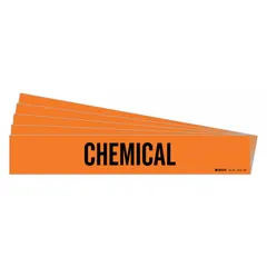 Orange adhesive pipe marker with black legend reading 'Chemical', designed for pipes with outer diameter of 8 inches and larger. Each 5-pack contains one marker without directional arrows. Used to identify pipes carrying chemical substances in industrial facilities.