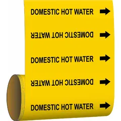 Yellow adhesive pipe marker with black legend reading 'Domestic Hot Water' and arrows indicating flow direction. Designed for pipes with an outside diameter of 2 inches and smaller. Supplied on a roll containing 30 markers for convenient application in facility piping identification.