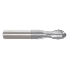 This general purpose carbide ball end mill features a TiCN coating and 2 flutes. It has a 7/16" mill diameter, 5/8" length of cut, and 2-1/2" overall length. The ball nose design is used for creating contoured surfaces, slots, and 3D profiles in metal and composite workpieces, providing smooth finishes on curved surfaces.
