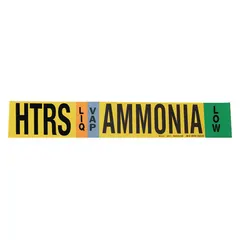 Ammonia pipe marker for liquid/vapor low-pressure service. Fits pipe outer diameter 2-1/2 to 7-7/8 inches. IIAR system abbreviation HTRS. Supplied without arrows. Used to identify ammonia piping in industrial refrigeration systems.
