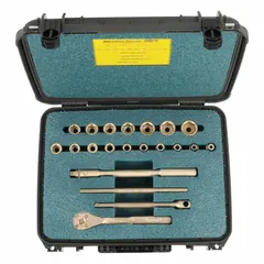 This 21-piece non-sparking socket set includes (17) 6-point SAE sockets ranging from 5/16 in to 1-1/4 in, a 10 in Pear Head Ratchet, and a 1/2 in drive size. Designed for use in hazardous environments where non-sparking tools are required to prevent ignition of flammable gases or dusts.