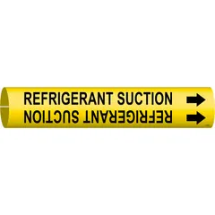 Yellow snap-on pipe marker with black legend reading 'Refrigerant Suction' and directional arrows. Fits pipe outer diameters from 2-1/2 to 3-7/8 inches. Used for identifying refrigerant suction lines in HVAC and refrigeration piping systems.