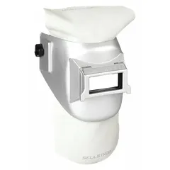 Passive welding helmet with fixed W10 shade, designed for confined space applications. Features a gray nylon shell, 2 in x 4-1/4 in viewing area, and ratchet suspension adjustment. Suitable for MIG, stick, or TIG welding where auto-darkening is not required.
