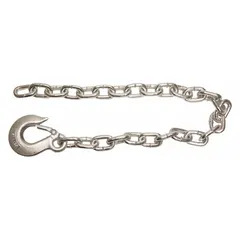 This heavy-duty safety chain is constructed from carbon steel with a zinc-plated finish. It features a slip hook attachment for quick connection and release, and has an overall width of 6 5/16 inches. Suitable for securing loads during towing, rigging, and material handling applications.