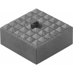 Square gripper pad with a fine face texture for secure workpiece clamping. Features a tapped through-hole (M6) for easy mounting. Black oxide finish. Face width 16 mm, overall height 10 mm. Suitable for workholding and positioning in machining and assembly applications.