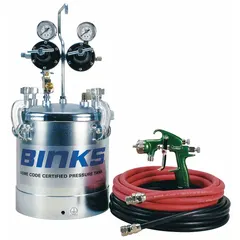 Steel paint pressure pot with 2.8 gal capacity, includes a spray gun. Used in industrial paint application systems to supply paint under pressure for consistent coating.