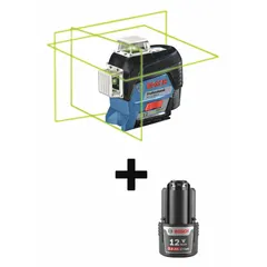 This BOSCH plane laser level projects a green beam across two planes for alignment and layout tasks. It features pendulum self-leveling with ±3/32 in @ 30 ft accuracy and operates on a 12V Max Li-Ion battery. The unit has a range of 100 to 200 ft without a detector and includes a carrying case.