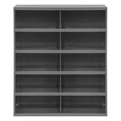 This steel shelving unit has 10 fixed-size compartments, each measuring 16 1/4 in x 12 in x 7 1/4 in, with a lipped front to help contain stored items. The gray finish resists wear in industrial environments. Use it to organize small parts, tools, or supplies in warehouses, workshops, or maintenance areas.
