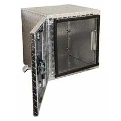 Single barn-door underbody storage box with 18-inch overall depth. Silver finish with keyed lock for securing tools and equipment. Suitable for mounting under truck bodies in fleet and service vehicles.