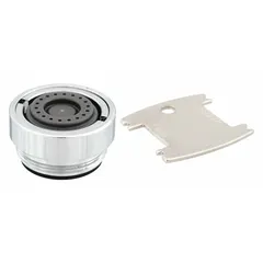 Spray flow outlet with chrome finish and M24 male connection. Designed for use in commercial plumbing systems, delivering a controlled spray pattern for faucets and fixtures.