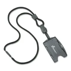 Plastic badge holder with clip attachment and 36-inch lanyard strap. Supports horizontal badge orientation. Sold in a 12-pack. Suitable for displaying identification badges, access cards, or credentials in workplaces or events.