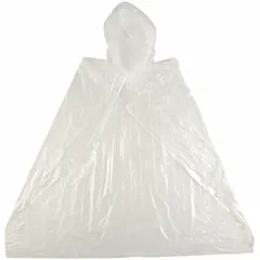 Disposable hooded rain poncho made of 0.02 mm thick clear polyethylene with heat-welded seams. Universal size, 40 inches long, pull-on closure with attached hood. Each poncho individually bagged; sold in a 24-pack. Suitable for basic weather protection in industrial and outdoor settings.