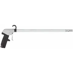 This pistol-grip air gun is constructed of aluminum and features a 3/8 in female NPT connection. It includes one straight, focused nozzle for directing compressed air precisely. Typical applications include blow-off, cleaning, and drying in industrial settings such as machining, assembly, and maintenance operations.