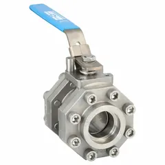 This 2-inch stainless steel vented ball valve features a straight socket x socket connection and a locking lever handle. The polymer seat material provides reliable sealing. Typical applications include industrial piping systems requiring flow isolation and pressure relief.