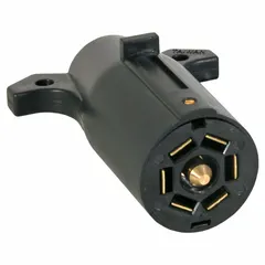 The BUYERS PRODUCTS Trailer Connector (TC2007P) is a 7-Way Blade connector with a Nylon Plastic housing. It is used in fleet and vehicle maintenance to connect trailer lighting and auxiliary circuits to a tow vehicle.
