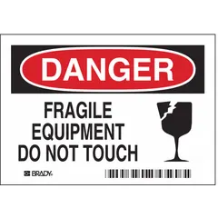 Polyester adhesive labels warning against touching fragile equipment. Nominal size 3 1/2 in x 5 in, 0.01 in thick. Sold in packs of 5. Suitable for use on machinery, laboratory instruments, and electronic enclosures where clear hazard communication is needed.