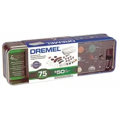 This 75-piece rotary tool bit and attachment set includes two 401 Mandrels and a storage case. The assortment covers cutting, grinding, sanding, polishing, and engraving tasks on wood, metal, plastic, and ceramics. Suitable for DIY, hobby, and light industrial use.