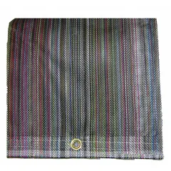 Standard-duty mesh tarp with PVC-coated vinyl construction for weather resistance and airflow. Suitable for covering equipment, materials, or loads in outdoor storage and transport applications. Measures 19.17 ft by 9.42 ft, 5 mil thickness, 10 oz/sq yd weight, multi-color finish.
