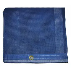 Standard-duty mesh tarp made of 5 mil vinyl with PVC coating, blue, 10 oz/sq yd. Measures 5.67 ft wide by 7.67 ft long. Suitable for covering equipment, materials, or loads in industrial and construction settings where weather resistance and airflow are needed.