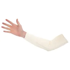 This CONDOR knit sleeve is made of white cotton with a 17-inch length, designed to protect arms from heat exposure up to 200°F. It is a universal sleeve-style sleeve suitable for light-duty thermal protection in industrial settings such as foundries, bakeries, and welding stations.