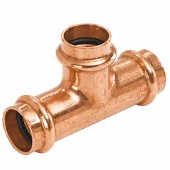 Copper press tee fitting with EPDM O-ring, sized 1 1/2 in CTS x 1 1/4 in CTS x 3/4 in CTS. Used in copper plumbing systems to branch a main line into two smaller lines. Suitable for potable water and hydronic heating applications with press-connect installation.