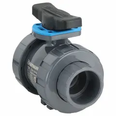 This 2-inch straight PVC ball valve features a vented-ball design that relieves trapped pressure when closed, enhancing safety in piping systems. The locking tee handle provides secure position control. Rated for 250 psi CWP, it is suited for corrosive fluid handling in industrial applications.