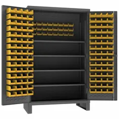 Steel cabinet with powder-coated gray finish and 12 ga panel. Includes 4 shelves and 144 yellow flush bins, each 4 in x 5 in x 3 in. Assembled. Used for organizing small parts, fasteners, and tools in industrial workshops, warehouses, and maintenance facilities.