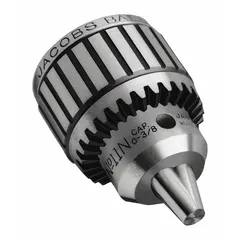 This JACOBS drill chuck features a JT2 taper mount and a capacity range of 3/64 in to 3/8 in. It includes a K32 key and ball bearing construction for smooth operation. Suitable for gripping drill bits in machining, metalworking, and woodworking applications where accurate concentricity and secure bit retention are required.