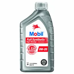 MOBIL Full Synthetic High Mileage Motor Oil is a biodegradable 0W-20 SAE grade oil for gasoline engines. Formulated for high-mileage vans, it helps reduce oil consumption and protect engine components. Supplied in 1 qt containers.