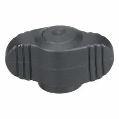 Wing knob with threaded hole, 28 mm diameter plastic body and brass #10-32 thread insert, 8 mm thread length. Used for manual clamping, positioning, and adjustment on machinery, jigs, and fixtures. The wing design enables hand tightening without tools.