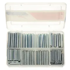 Spring pin assortment containing 170 pieces in 6 standard inch sizes. Made from Grade 1074 steel with zinc plating. Used for fastening and alignment in maintenance and assembly tasks.