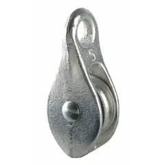 Fixed-eye pulley block for lifting and pulling with fibrous rope. Brass sheave and housing with sleeve bearing. Compatible with 3/8 in diameter rope. Plain finish.