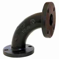 Cast iron 90-degree pipe elbow with flanged ends for low-pressure industrial piping systems. Rated Class 125 with maximum operating pressure of 175 psi at 150°F. Used to change flow direction in steam, water, gas, and air lines.