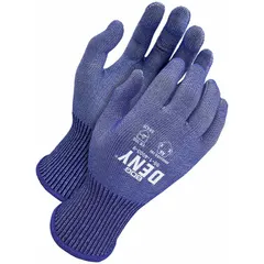 These uncoated knit gloves provide ANSI Cut Level A6 protection with HPPE 13-gauge construction. Touchscreen compatible for use without removal. Suitable for industrial tasks involving sharp materials such as metal stamping, glass handling, and assembly. Sold as a single pair, size 2XL (11), blue color.