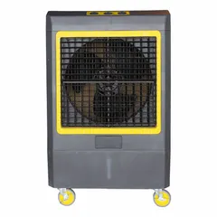 This portable evaporative cooler operates on 115V AC with a 5-15P plug and measures 42 in x 31 in x 19 in. It features three speed settings and is suitable for cooling large spaces in dry environments, such as warehouses, workshops, and outdoor event areas.