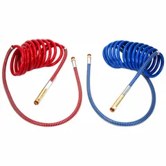 VELVAC coiled air brake assembly for emergency and service air lines. 15 ft length, 1/2 in outer diameter, red color. Used to connect tractor to trailer for braking system air supply.