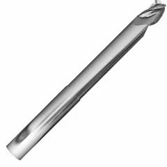 Carbide ball end mill with reduced neck design for high-speed contouring and 3D profiling in aluminum and non-ferrous materials. Three-flute geometry enhances chip evacuation and reduces cutting forces. Ball nose creates smooth curved surfaces, while the reduced neck provides clearance for deep cavity work without deflection.