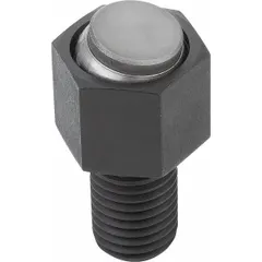 Threaded gripper with a flat stainless steel pad for workholding and positioning in fixtures, jigs, and assembly tables. Features M20 thread, 60 mm thread length, 20 mm pad diameter, and 30 mm outer diameter. The stainless steel pad provides corrosion resistance in industrial environments.
