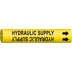 Snap-on pipe marker for identifying hydraulic supply lines. Yellow background with black legend and directional arrows. Fits pipe outer diameters of 4 to 6 inches. Single marker supplied.