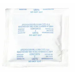 Tyvek desiccant bags for moisture control in enclosed spaces. Each bag contains 68 g of desiccant and protects up to 0.83 cu ft. Supplied in a 150-pack pail. Commonly used in packaging of electronics, instruments, and other moisture-sensitive goods during storage or transit.