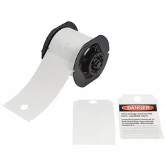 Pre-cut polyester danger tags on a roll, each tag measuring 5 3/4 in x 3 1/4 in, white, with 100 tags per roll. Designed for indoor and outdoor use, these tags are compatible with the S3100 printer series and require the B30-R10000 ribbon. Used for industrial safety labeling to warn personnel of hazards.