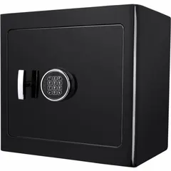 Free-standing security safe with 1.01 cu ft capacity, constructed from steel. Fire rated for protection of contents. Measures 17 1/2 in H x 18 in W x 14 in D. Equipped with 3 locking bolts. Suitable for securing valuables, documents, and small items in home or office environments.