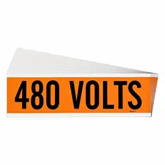 Self-stick vinyl label with '480 Volts' legend. A-style label measures 9 in wide by 2 1/4 in high. Supplied in a 25-pack. Used for marking conduits and electrical enclosures to identify voltage levels.