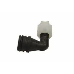Plastic tube riser elbow assembly for wash fountains. Used to connect and direct water flow through the riser tube in commercial or institutional washroom fixtures.
