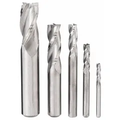 This 5-piece set of carbide square end mills features 3 flutes and mill diameters from 1/8" to 1/2". Designed for general-purpose milling of ferrous and non-ferrous materials, the square end geometry enables slotting, profiling, and contouring operations. The 3-flute design promotes efficient chip evacuation and a fine surface finish.
